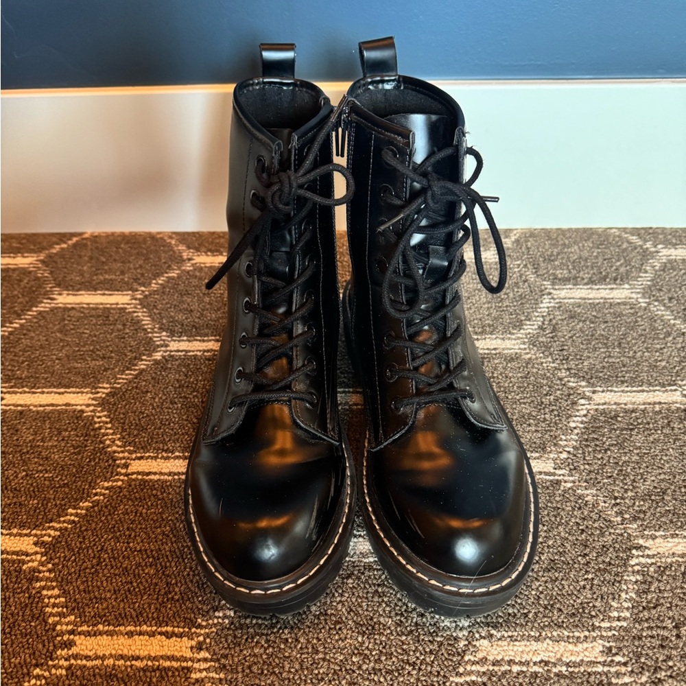 Shiny Black Lace-Up Combat Boots (with side zipper)